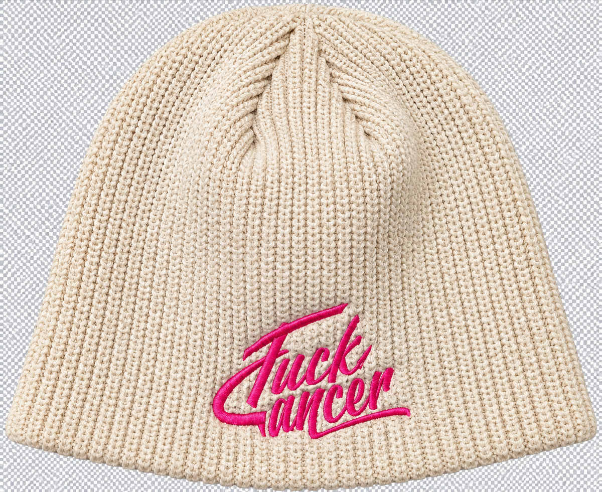 Natural cream ribbed knit beanie with pink embroidered Fuck Cancer script at the front edge