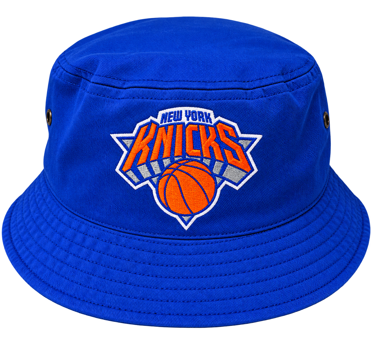 Royal blue cotton twill bucket hat with embroidered New York Knicks logo on the front
