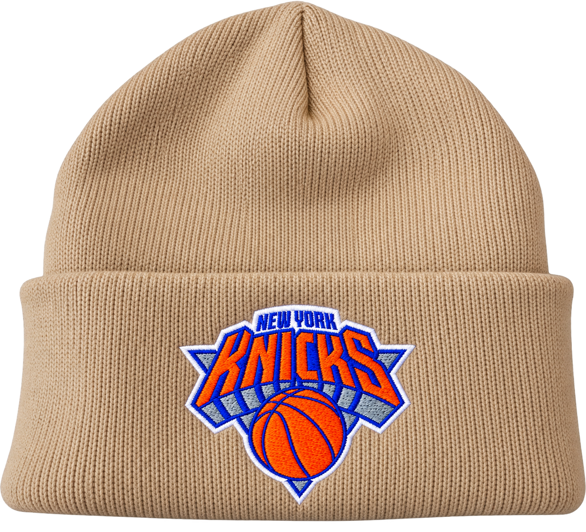Tan cuffed knit beanie with embroidered New York Knicks logo on the cuff