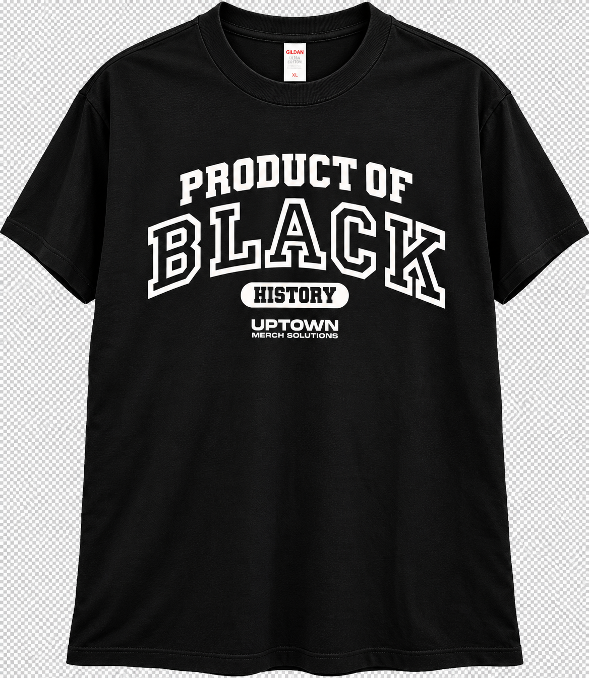 Black tee with white varsity arch print reading Product of Black History