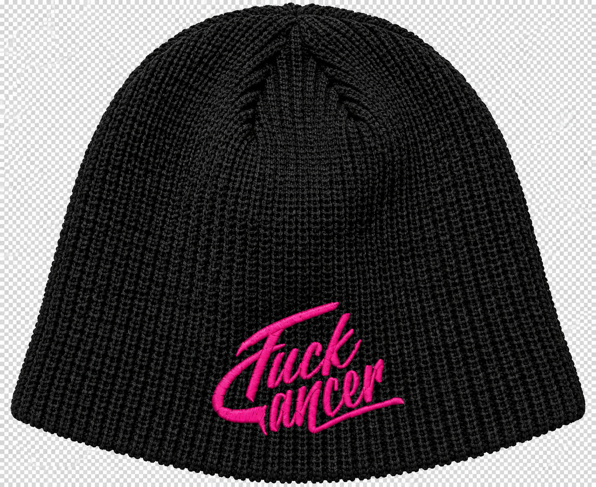 Black ribbed knit beanie with pink embroidered Fuck Cancer script at the front edge