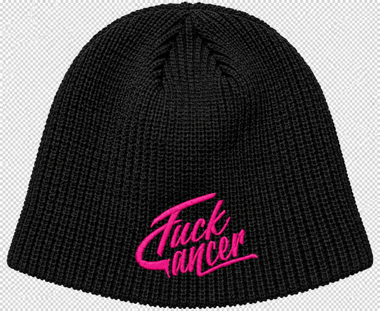 Black ribbed knit beanie with pink embroidered Fuck Cancer script at the front edge