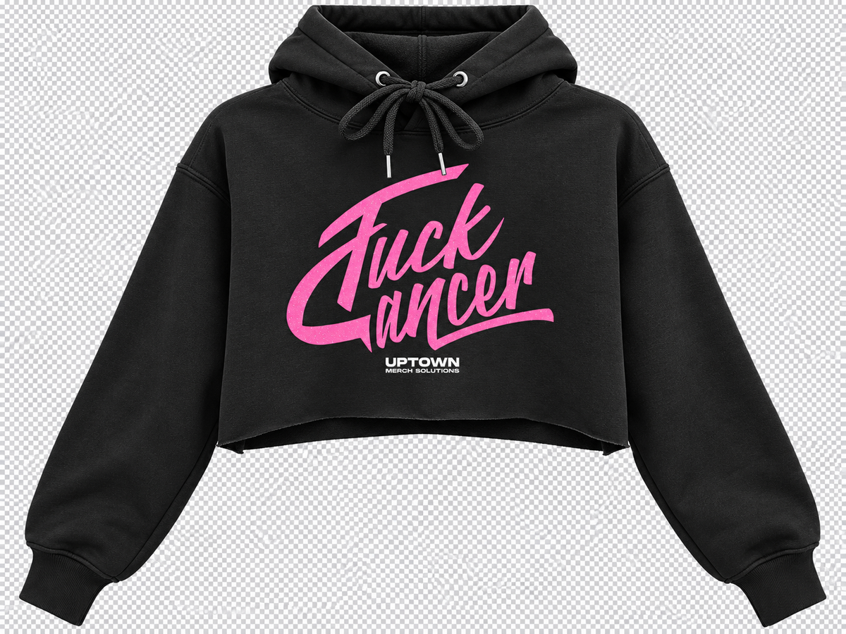 Black cropped pullover hoodie with large pink brush script Fuck Cancer print