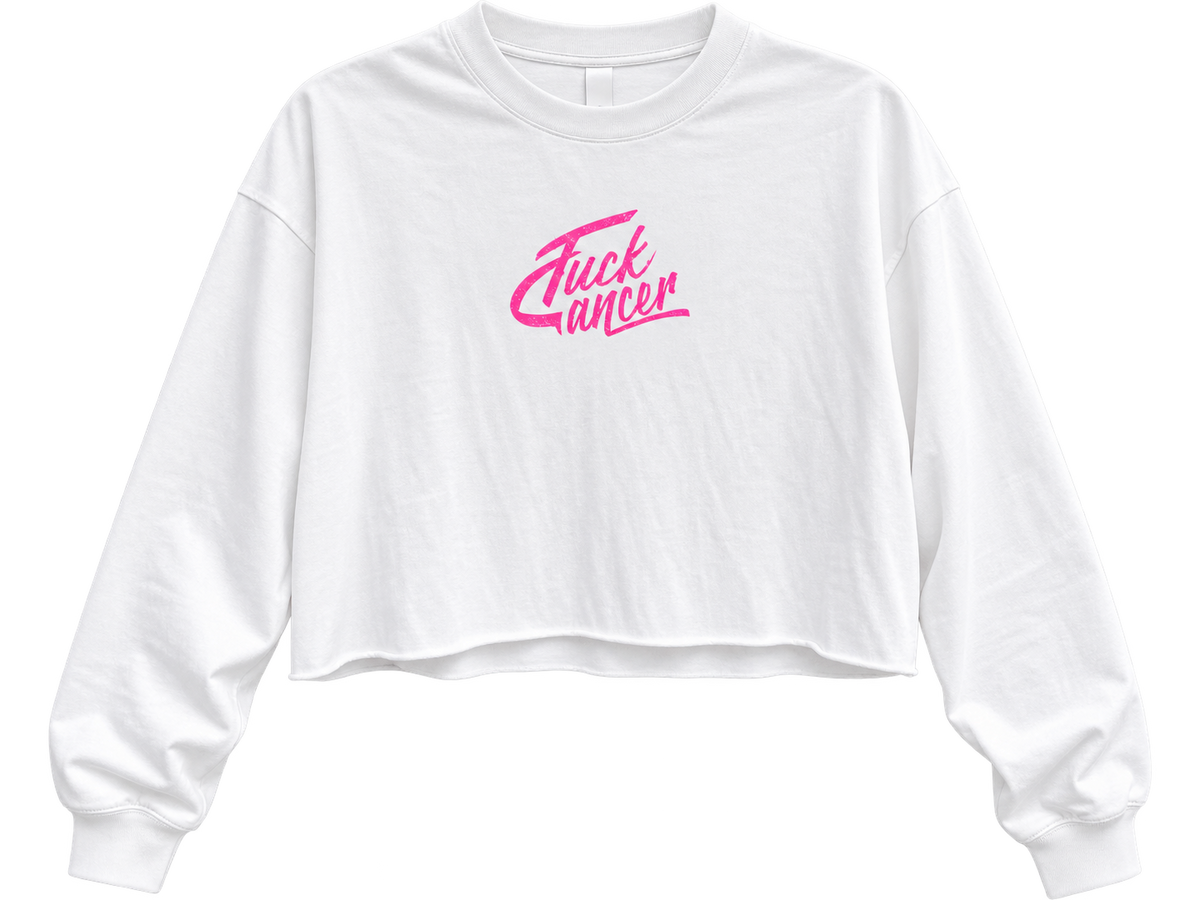 White cropped long sleeve crew with pink brush script Fuck Cancer print at the chest
