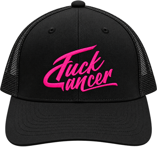 Black mesh-back trucker cap with pink embroidered Fuck Cancer script on the front panel