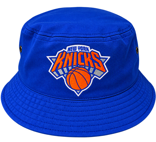 Royal blue cotton twill bucket hat with embroidered New York Knicks logo on the front
