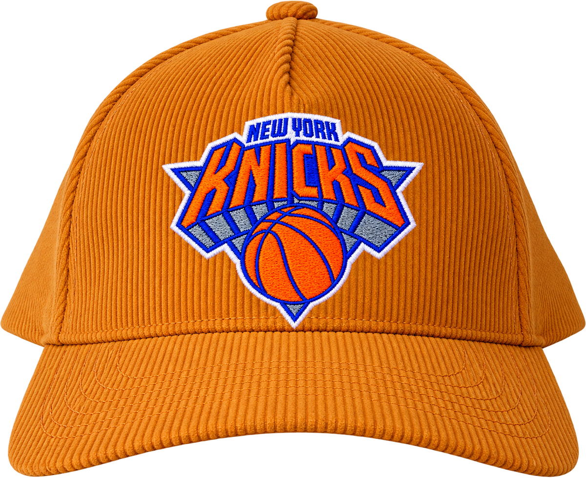Orange corduroy cap with embroidered New York Knicks logo on the front panel