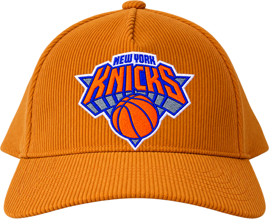 Orange corduroy cap with embroidered New York Knicks logo on the front panel