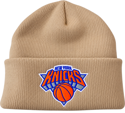 Tan cuffed knit beanie with embroidered New York Knicks logo on the cuff