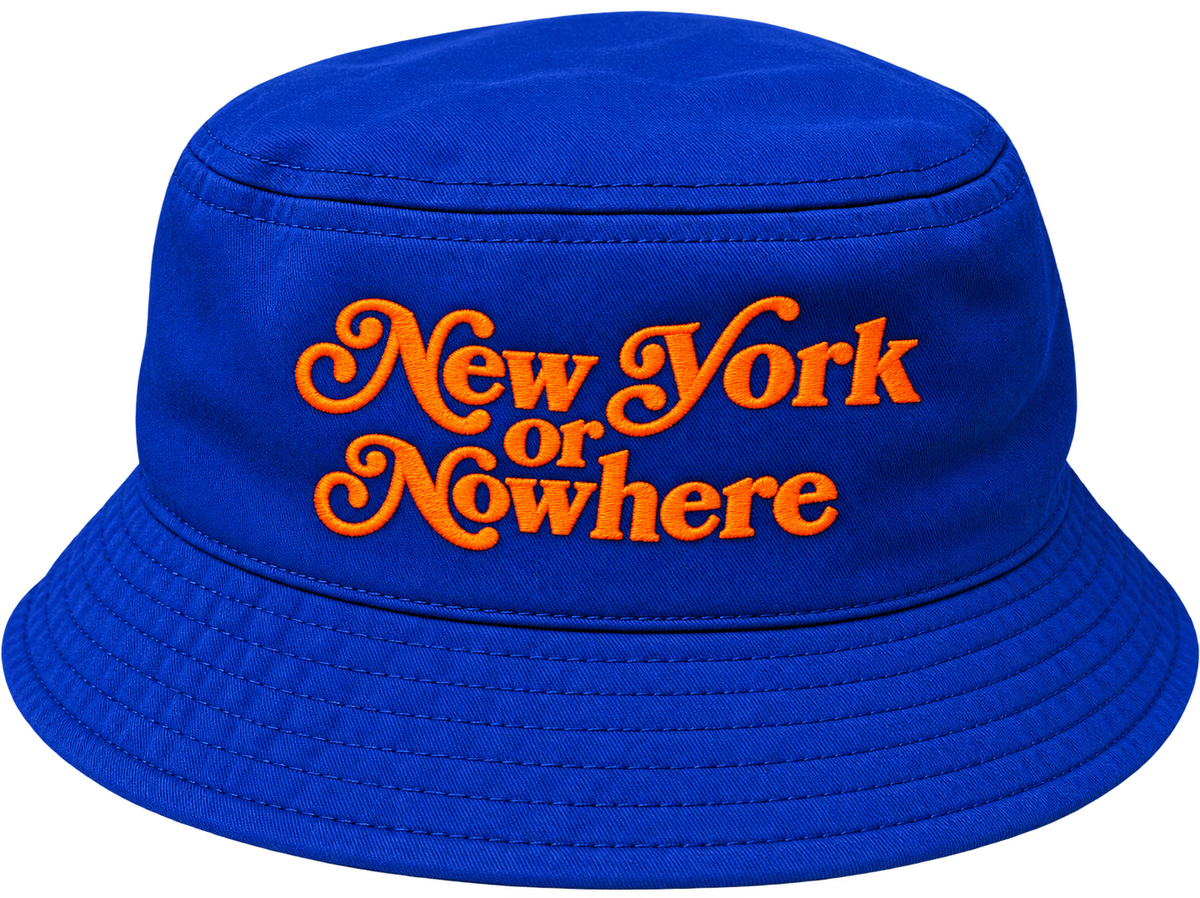 Royal blue cotton twill bucket hat with New York or Nowhere embroidered in orange script