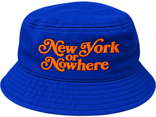 Royal blue cotton twill bucket hat with New York or Nowhere embroidered in orange script