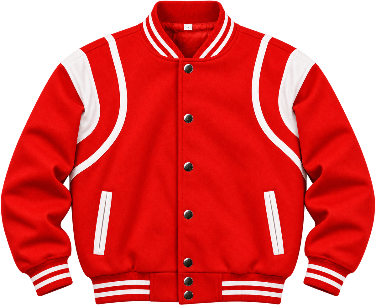 Women's red varsity jacket with white curved panels and striped rib trim