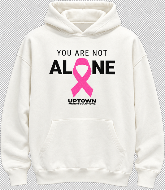 Cream pullover hoodie with You Are Not Alone front print and pink awareness ribbon